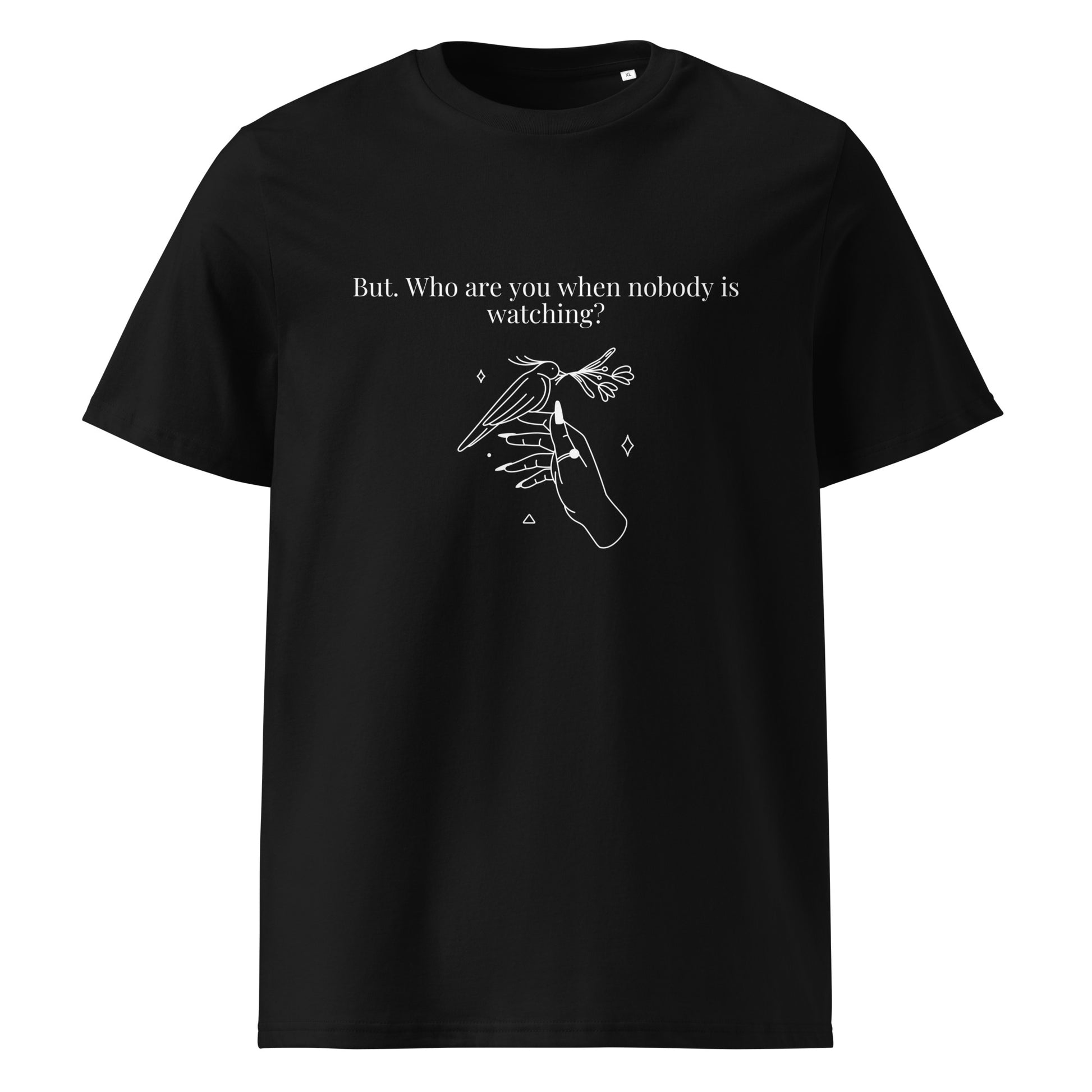 Black t-shirt with white graphic and text on a white background